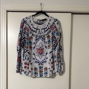 Christopher & Banks White Graphic Long Sleeve Blouse